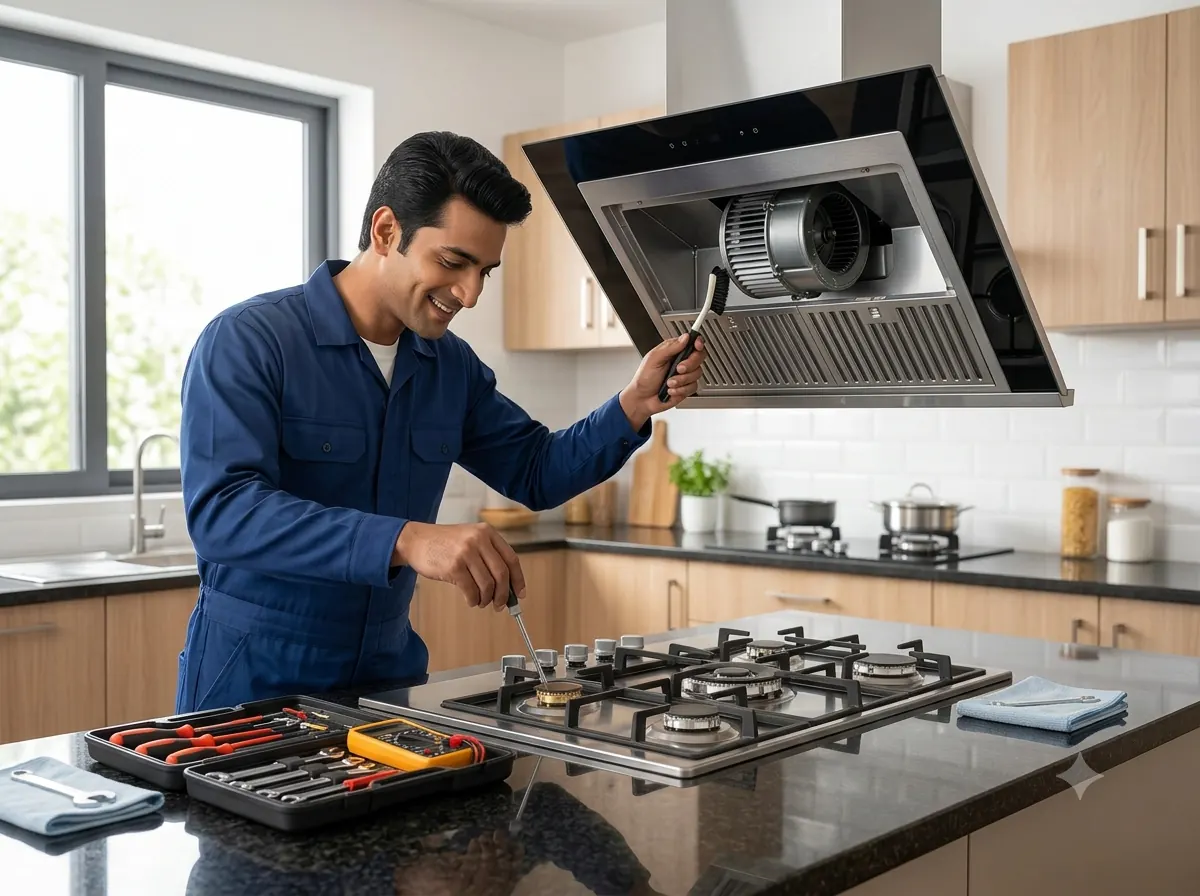Technician servicing a kitchen chimney filter and motor at home