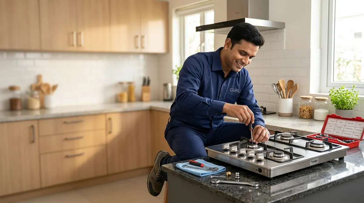Technician sitting and repairing a gas hob on a kitchen counter